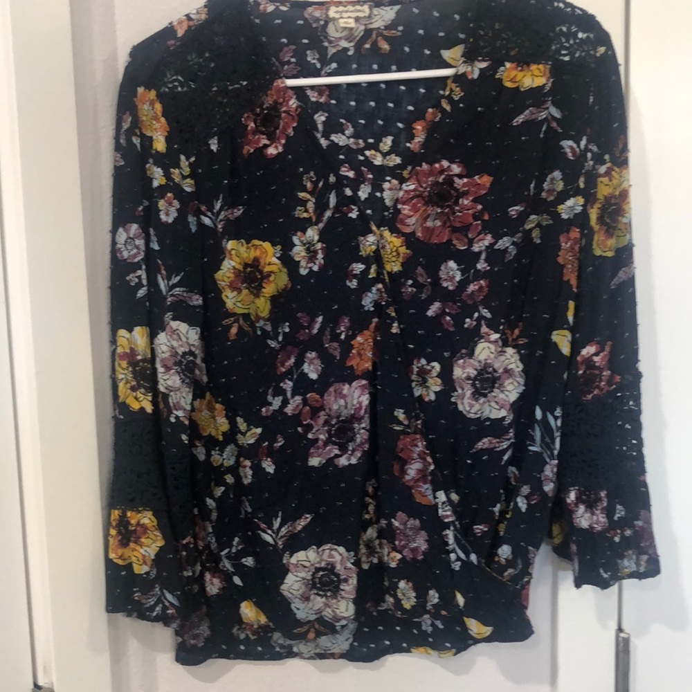Eyeshadow 3/4 Length Sleeve With Crochet Detail. V-neck Faux Wrap Blouse. Floral